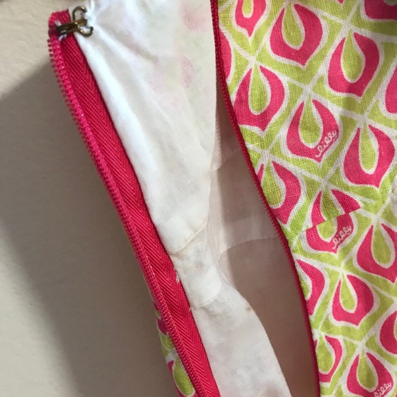 Lily Pulitzer Sz 8 Pink Green Geometric Sundress Button Pockets Zip Linen blend - Picture 8 of 10